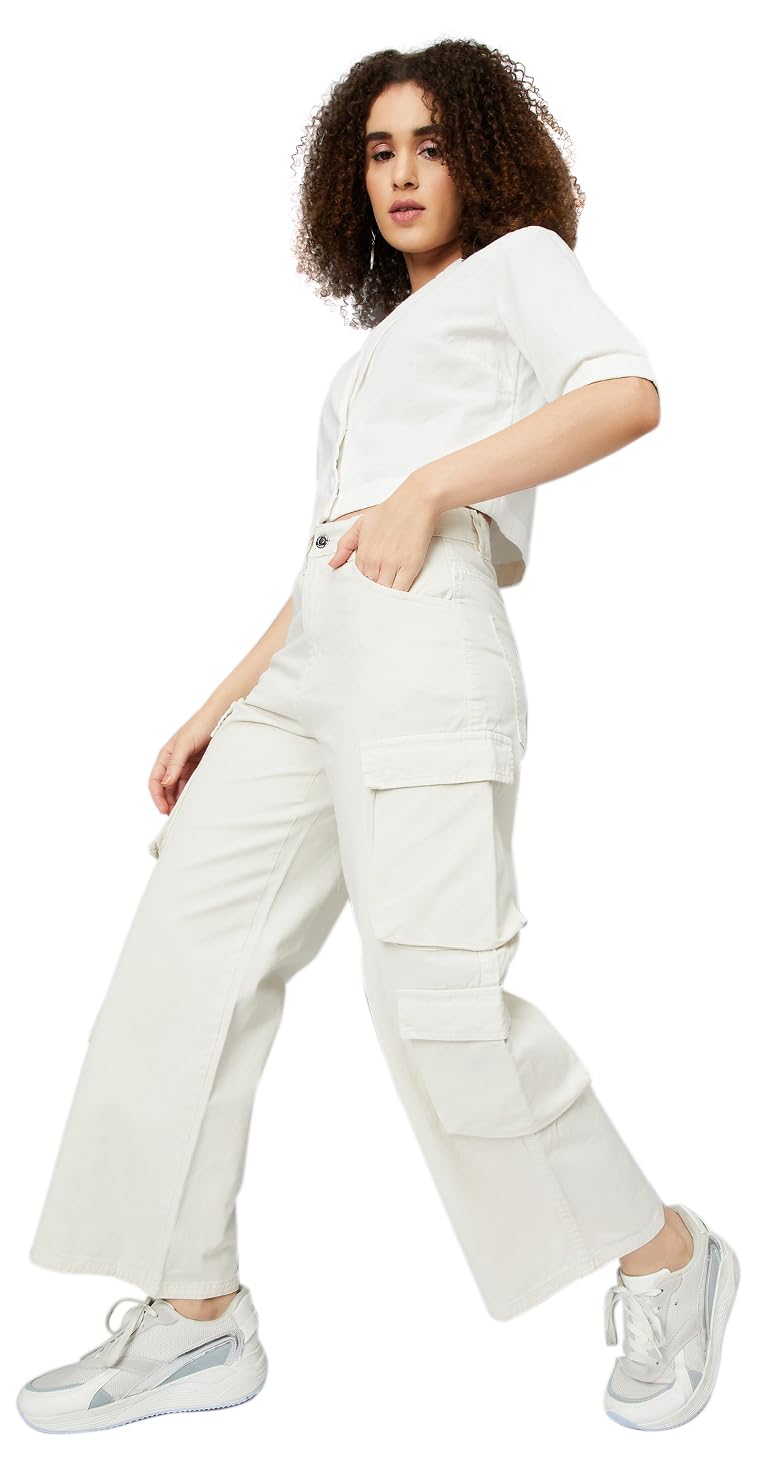 Max Women Solid Cargo Jeans, Beige, 26