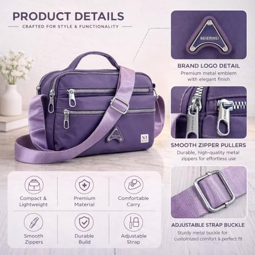 NFI essentials Crossbody Bag for Women, Multi-Layer Stylish Sling Bag for Girls, Nylon Shoulder Bag Purse for Ladies, Multi Pocket Travel Massenger Bag for Woman Latest (Purple)