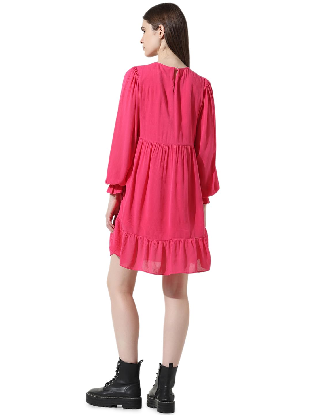ONLY Women Solid Viscose Above Knee Pink Tiered Dress
