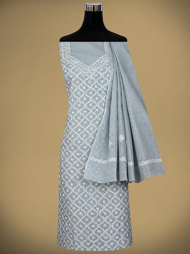 Ada Hand Embroidered Lucknowi Chikankari Unstitched Cotton Dress Material Suit Piece with Dupatta for Women 01A882279 Fossil Grey