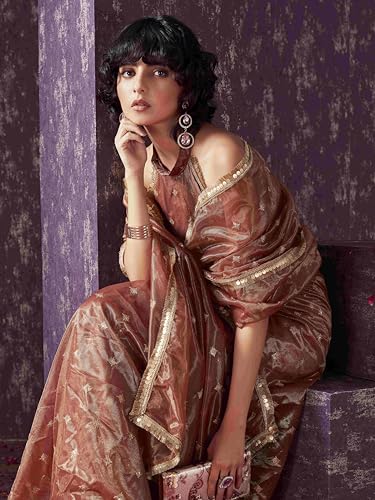 Womanista Women's Net Sequinned Saree (TI6578_Rust)