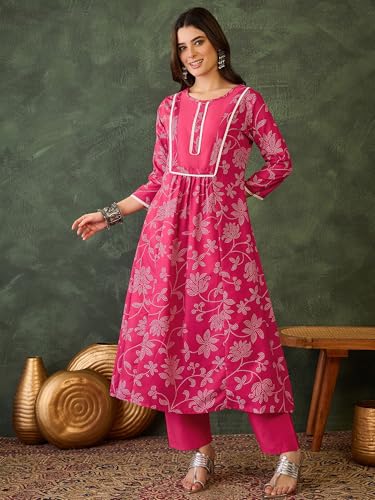 VARNI FABRIC Rayon Kurta Set for Women |Full Sleeves Floral Printed A-Line Kurta Set | Woman Salwar Suit with Pant & Dupatta | Festive Wedding Ethnic Wear | Prefect for Office Summer | Rani | 3XL