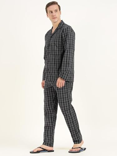 Hancock Men Cotton Checked Relaxed Fit Night Suit Black Size XL