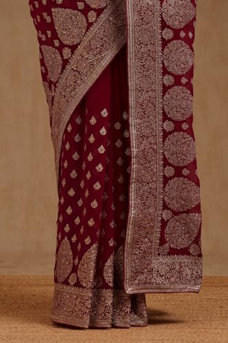 Soch Womens Fuchsia Georgette Embroidered Saree With Stone Work