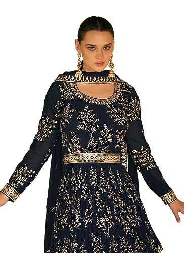 Miss Ethnik Blue Faux Georgette Full Sleeve Anarkali Gown with Dupatta | Embroidered Indian Dress for Weddings & Festivals | Elegant and Stylish Traditional Ethnic Attire (ME-1124-Blue-L)