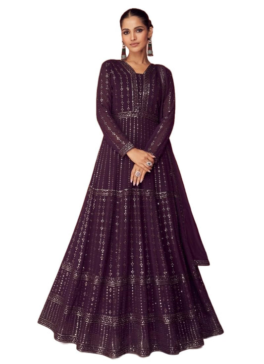 Miss Ethnik Women's Faux Georgette Full Sleeve Stitched Embroidered Floor Length Purple Anarkali Maxi Gown with Dupatta (ME-1106-Purple-L)