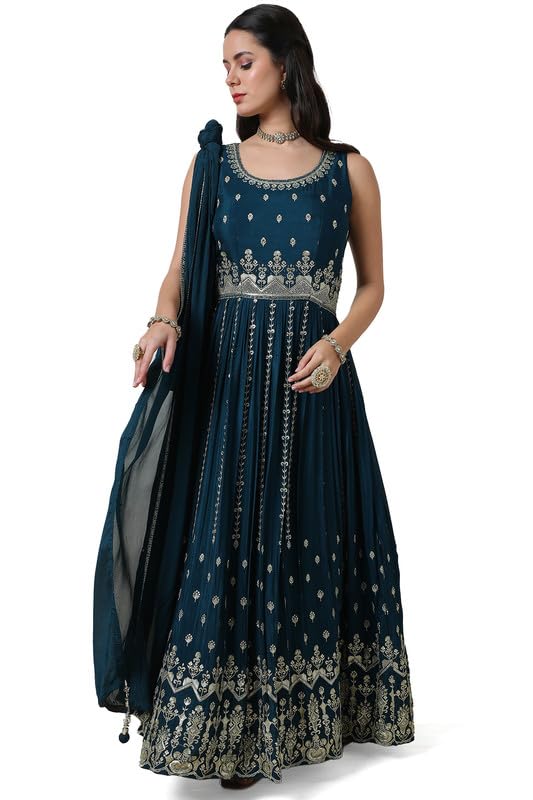 Soch Womens Blue Zari Embroidered Chinon Gown with Stones Work