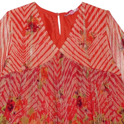 Biba Girl's Orange-Coral Polyester Blend Gathered Suit Set