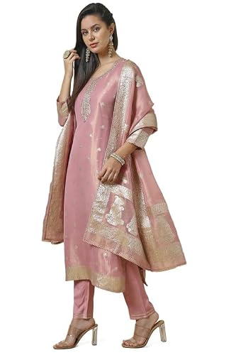 Soch Womens Pink Zari Woven Straight Tissue Suit Set With Sequins