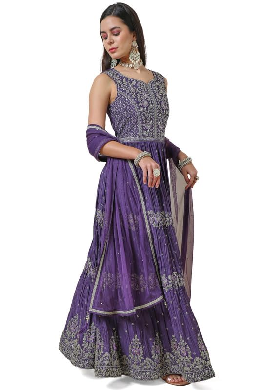 Soch Womens Purple Zari Embroidered Chinon Blend Ethnic Gown