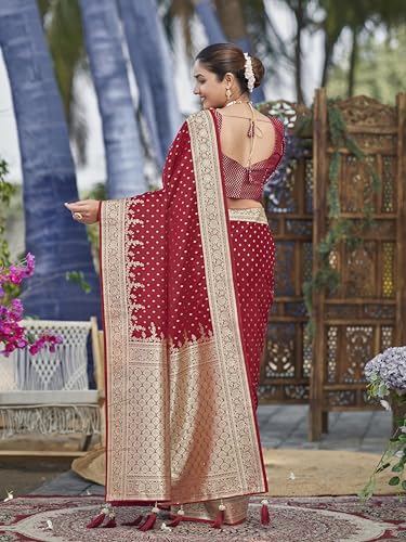 MANOHARI Women's Most Trendy Banarasi Satin Silk Woven Red Saree With Heavy Jacquard Work Saree With Blouse Piece_MN2023