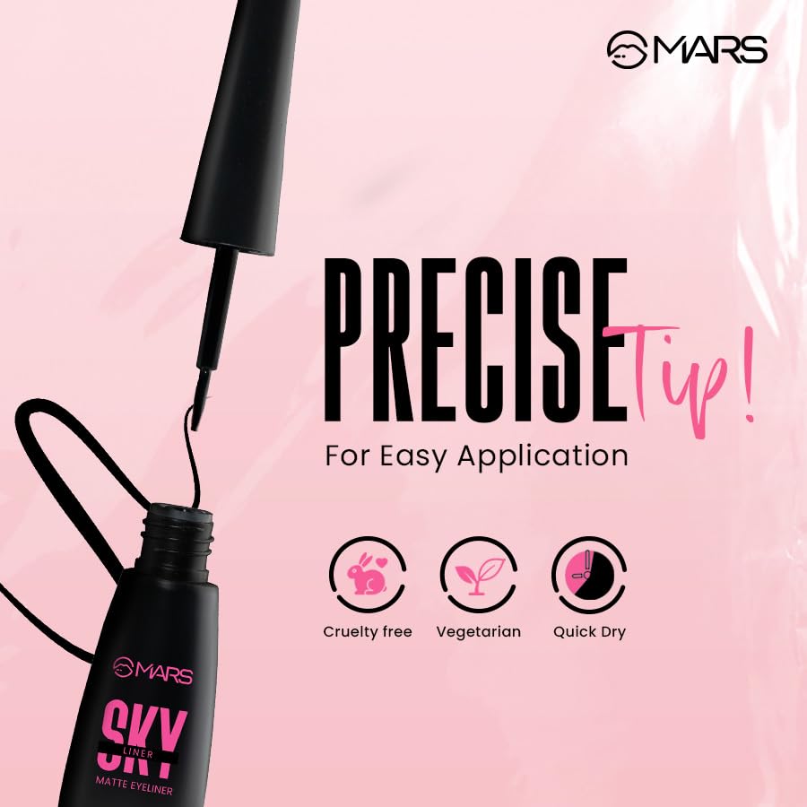 MARS Skyliner Liquid Matte Eyeliner for Women | Long Lasting & Water Resistant | Precise Application | Matte Finish | Smudge Proof | Transfer Proof upto 12 hrs (4.5ml) (Black)