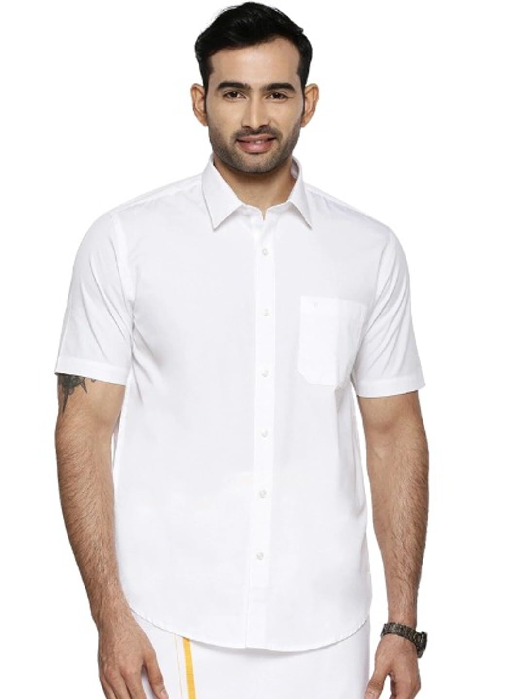 RAMRAJ COTTON Mens Spread Collar Solid White Half Sleeve Casual Shirt (42;White_ 1)