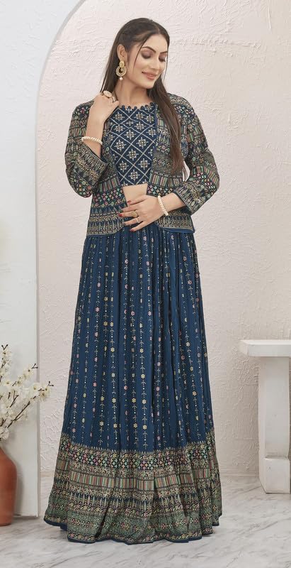 Samprag Georgette Lehenga Choli Set for Womens | 3/4 Sleeve |Round Neck |Ideal for Wedding & Party Occassions | Blue | XL