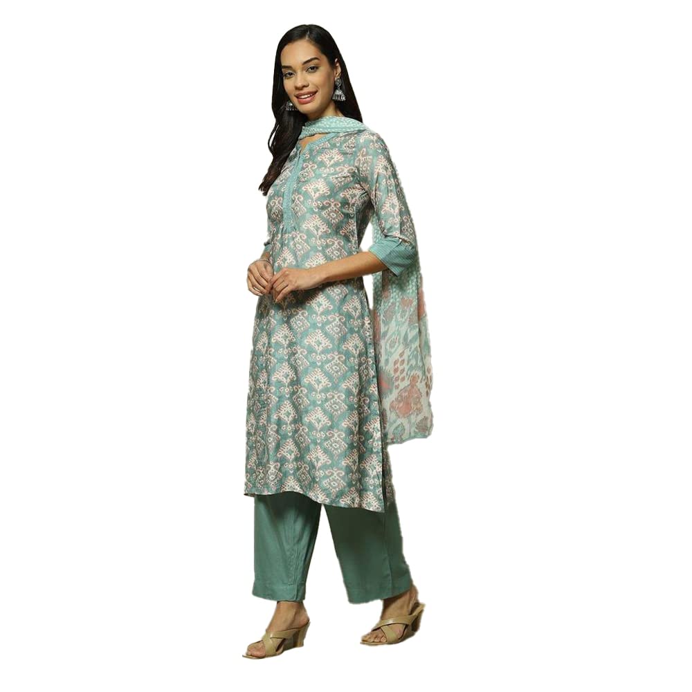 BIBA WOMEN PRINTED STRAIGHT SALWAR KURTA DUPATTA(SKDASSORTED8434_SEA GREEN_32)