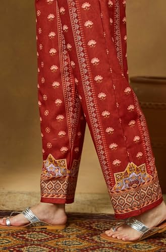 Janasya Women's Rust Orange Cotton Blend Floral Printed Pakistani Straight Kurta Set (JAC25ST02970-XL)