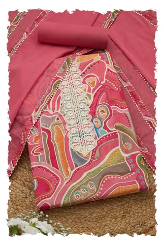 Soch Womens Pink Cotton Abstract Print Unstitch Dress Material With Lace