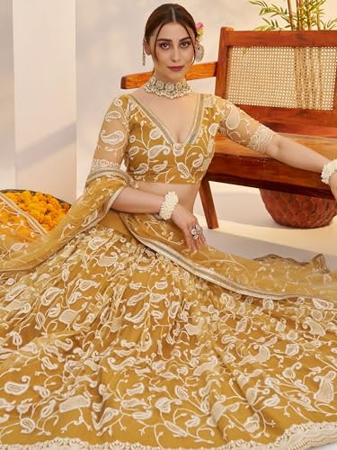 Zeel Clothing Women's Cotton Thread Sequins Work Embroidery Soft Net Lehenga Choli With Dupatta (NFH-2148-Light-Golden-Lehenga-Choli; Free size) (Light Golden)