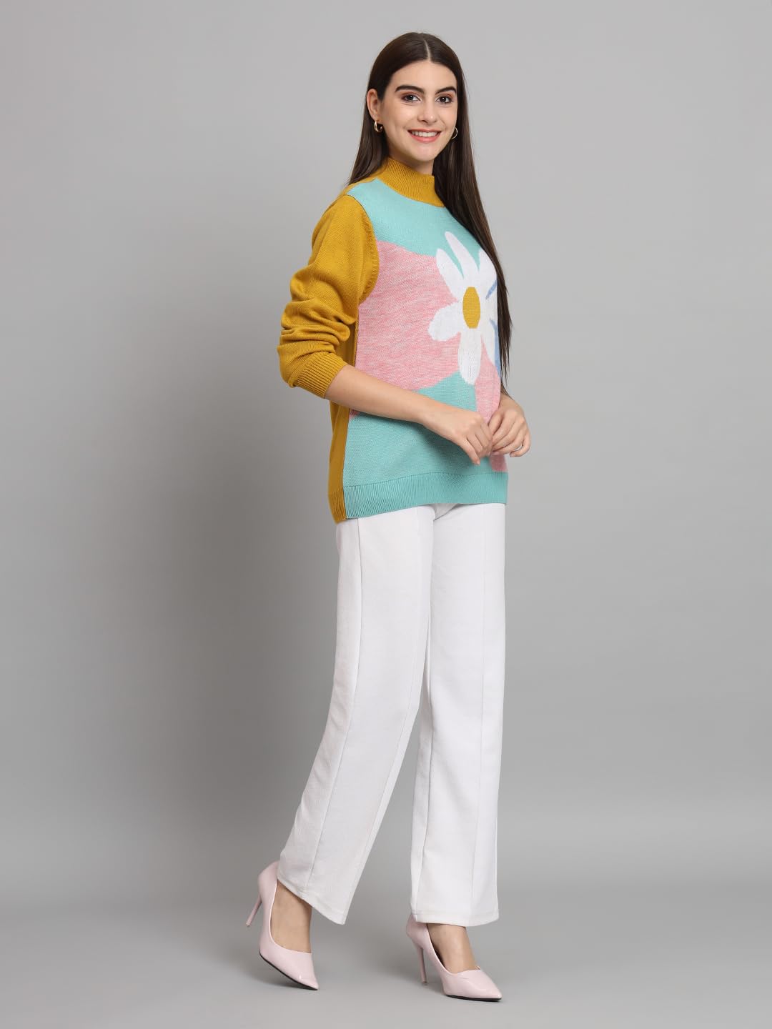 THE DRY STATE Womens Full Sleeves Round Neck Floral Colorblock Pullover Sweater