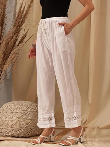 Ada Lucknowi Chikankari Hand Embroidered Cotton Linen Straight Pant Palazzo for Women A711181 White (2XL)