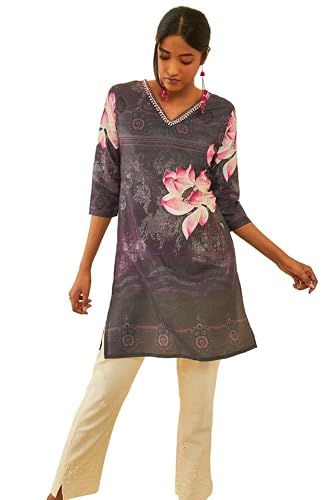 Soch Womens Purple Muslin Blend Floral Printed Kurta with Embellishment