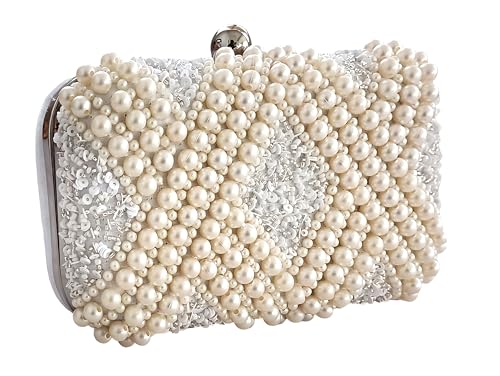 DUCHESS Women's Girl's Pearl Beaded Off-White Box Clutch for Wedding