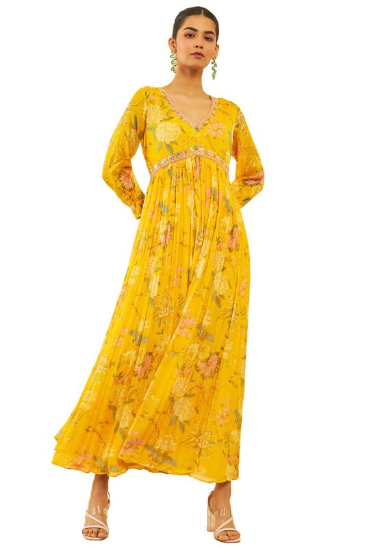 Soch Womens Yellow Chinon Floral Printed Ethnic Dress with Mirror Work