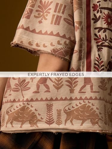 The Souled Store Nomad: Indus Brown Women and Girls Short Sleeves Round Neck Light Brown Ethnic Print Cotton Breathable Lightweight Streetwear Oversized T-Shirt