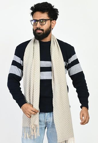 MANRA Men's Woolen Printed Soft & Warm Muffler, Scarf For Winter (MEN FISH BONE MUFFLER-LIGHT GREY)