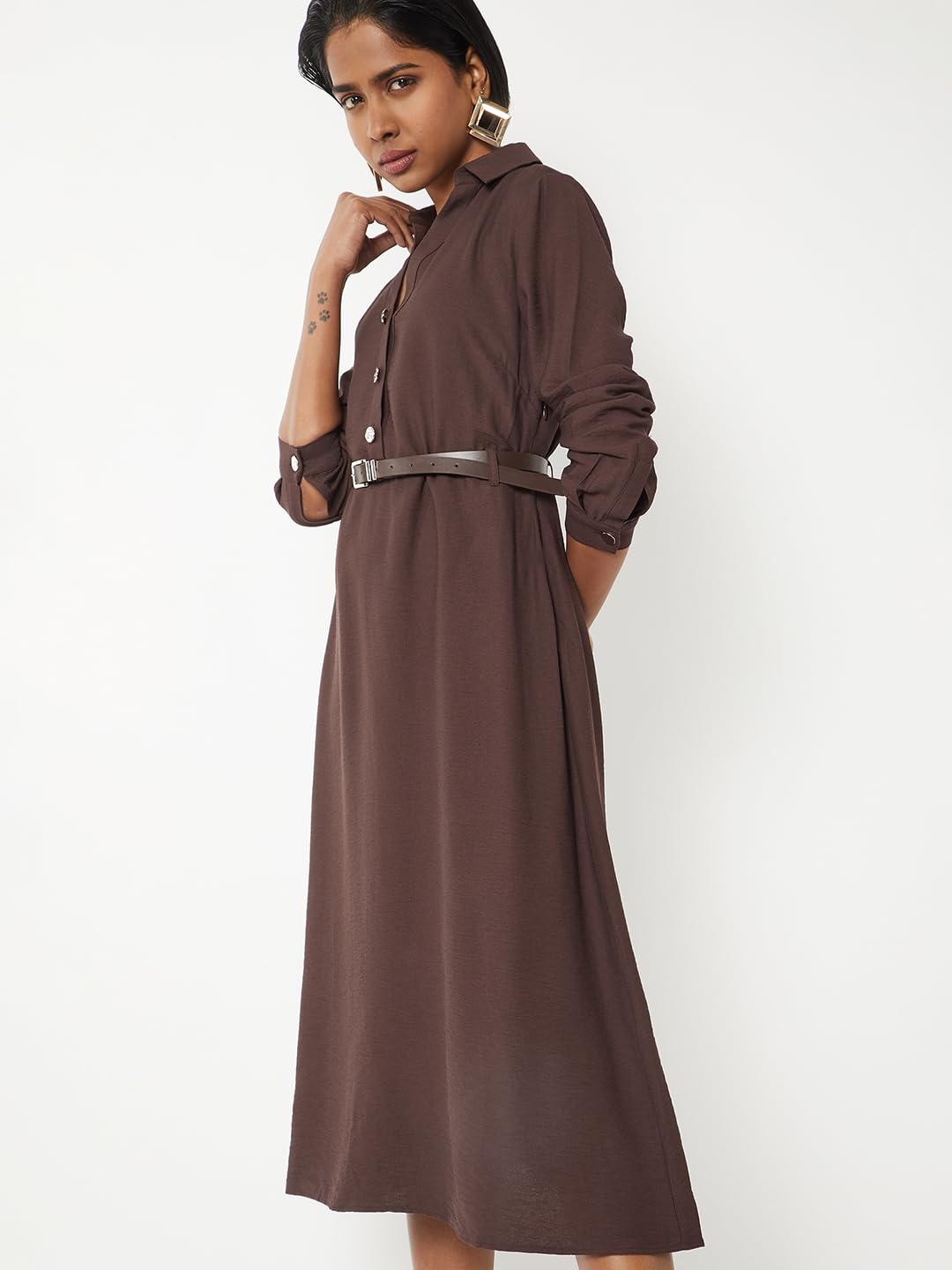 Max Women Solid Belted Shirt Dress (Brown_XXL)