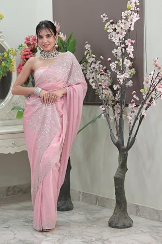 Haus Of Auraa Women’s Festive Traditional Attire with Detailed Weave & Graceful Finish Blush Glimmer Pink Saree with Sequin & Cutdana Detailing