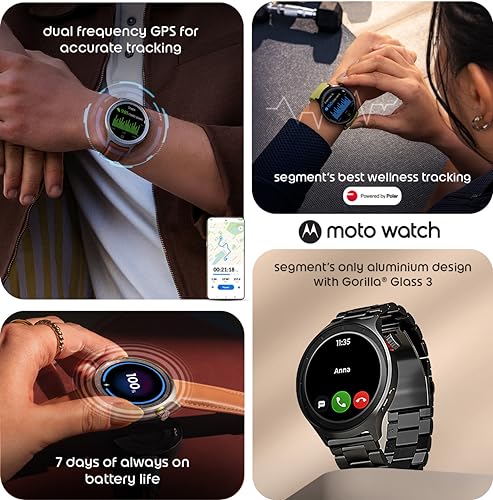 Motorola Moto Watch, 1.4 OLED, AOD, Auto-Brightness, Dual Band GPS, Powered by Polar Smartwatch (Matte Black/Matte Black Band Strap, Free Size)