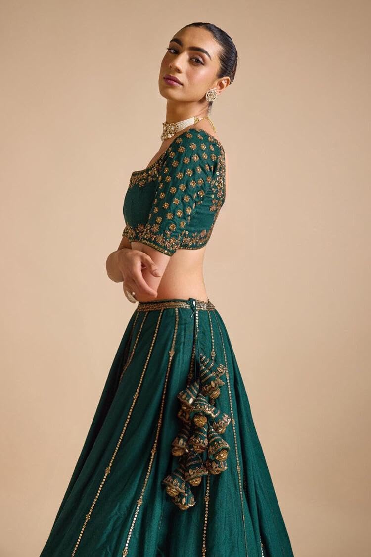 JIHU CULTURE Dark Green Vichitra Silk Sequence Embroidery Work Semi- Sttiched Lehenga Choli Set For Women's-JH254GRN