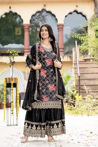 Leeli Peeri Designer Women's chinon Embroidery Kurta Palazzo and Dupatta Set