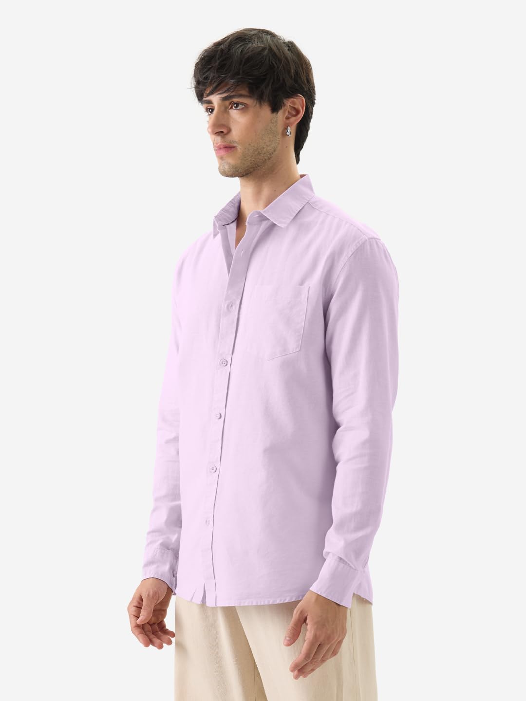 The Souled Store Orchid Purple Men and Boys Long Sleeves Collared Neck Button Front Regular Fit Cotton Linen Shirts