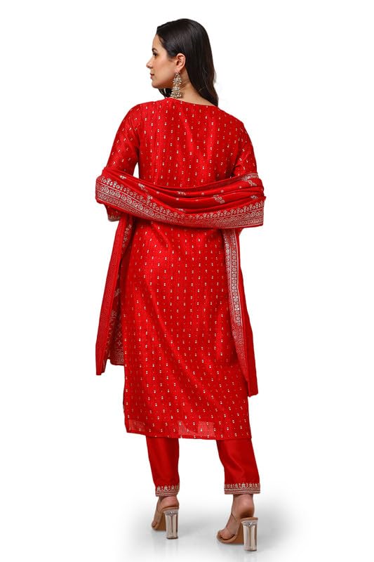 Soch Womens Red Foil Print Suit Set With Thread Work