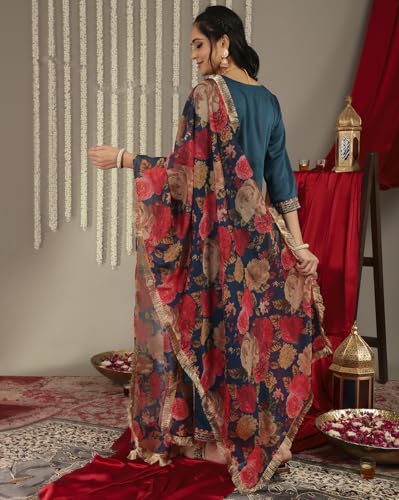 Varanga Women Teal Embroidered Straight Kurta Paired With Tonal Bottom And Printed Dupatta.