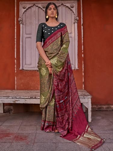 SAREE MALL Women's Olive Viscose Silk Ajrak Printed Saree With Unstitched Blouse (JOGAN102_HS)