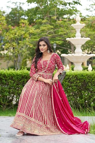 Miss Ethnik Women's Pink Chinon Stitched Gown With Dupatta Full Sleeve Embroidered Anarkali Gown (MER-1275-Pink-3XL)