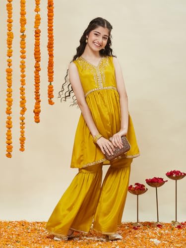 CURLY TALES ALPHA Girls Mustard Yellow Sharara Set with Sleeveless Embroidered Kurti | Traditional Indian Dress for Kids | Ethnic Festive Outfit with Gota Lace for Weddings & Celebrations