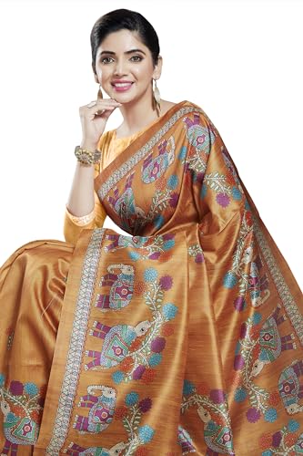 RANI SAAHIBA Women's Printed Art Tussar Silk Madhubani Saree With Blouse Piece (SKR11580_Rust)