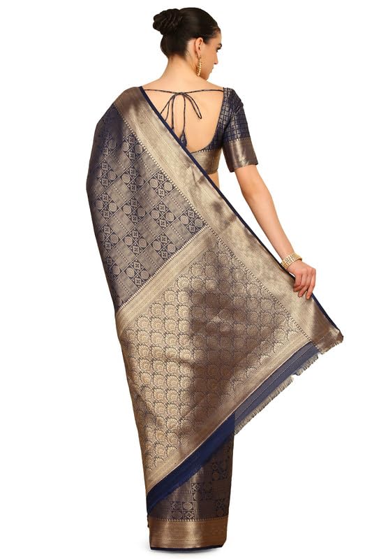 Soch Womens Navy Blue Ethnic Motifs Woven Design Jacquard Weave Silk Blend Saree