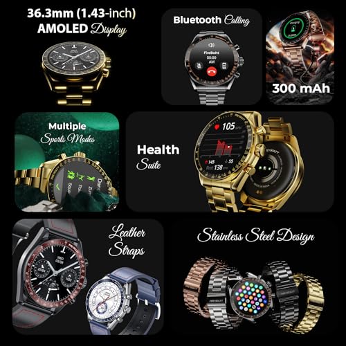 Fire-Boltt Moonwatch 36.3mm (1.43 inch) AMOLED Display, Wireless Charging, Metallic Frame, Premium Leather Straps, Complete Health Suite, Bluetooth Calling, Sports Modes (Black L)