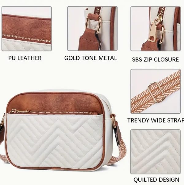ITALISH Women Leather Crossbody Sling Bag in Geometric Pattern (White And Tan)