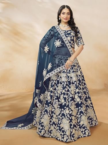 Zeel Clothing Women's Dori With Sequins Embroidered Work Slub Silk Designer Lehenga Choli with Dupatta (7099-Womens-Lehenga-Choli-Latest; Free Size) (Blue)