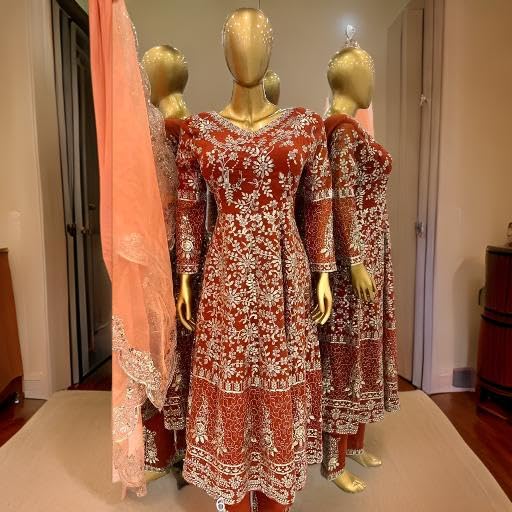 Brulry Women's Orange Color Georgette V-Neck Knee Length Anarkali Kurta Pant With Dupatta