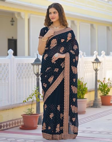 SIRIL Women's Georgette Embroidery & Stone Work Scalloped Border Saree With Unstitched Blouse Piece (4932S932_Dark Navy Blue)