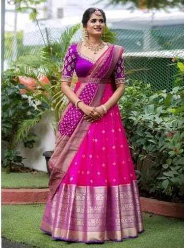 RENVAANI Women's Traditional Kanjivaram Silk Zari Weaving Unstitched Lehenga Choli with Dupatta (Khajuri BT Red)