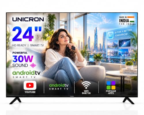 UNICRON 24 Inch Android Smart TV, HD LED Television with Bazeless Design, 30 Watt Sound Speaker, WiFi Enabled & IPS A+ Display Panel HDR Support, Netflix, Prime Compatible