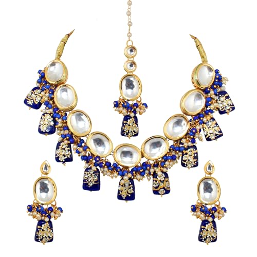 Lucky Jewellery 18K Gold-Plated Back Meenakari Kundan Necklace | Elegant Blue Color Necklace Set for Women & Girls (1110-J5SK-1633-B)
